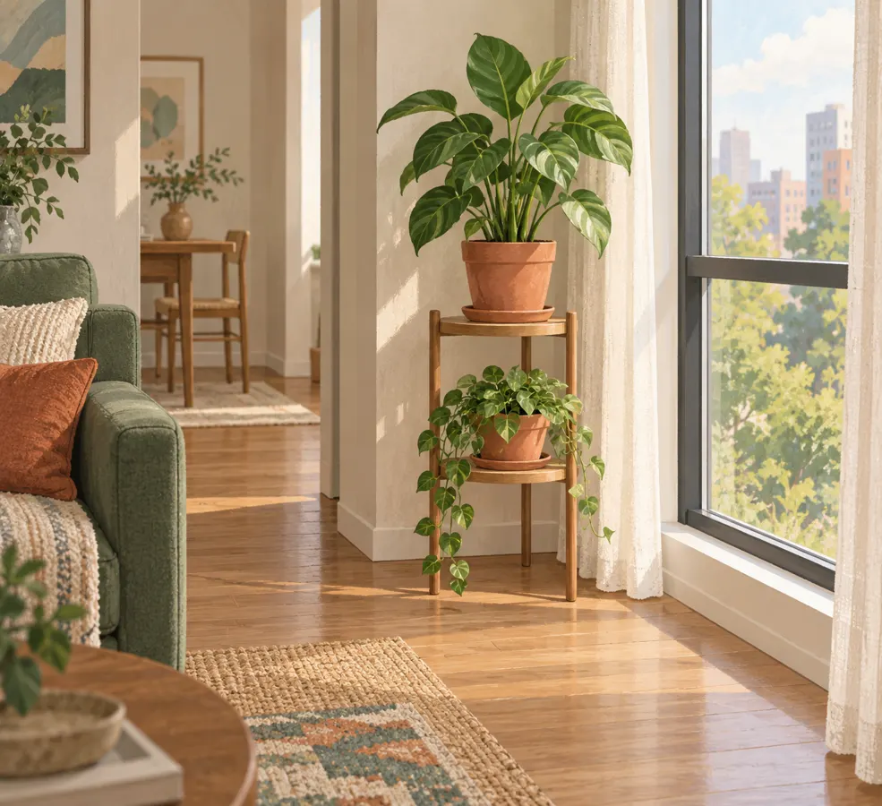 Illustration of two houseplants on a narrow stand beside a clear apartment window.