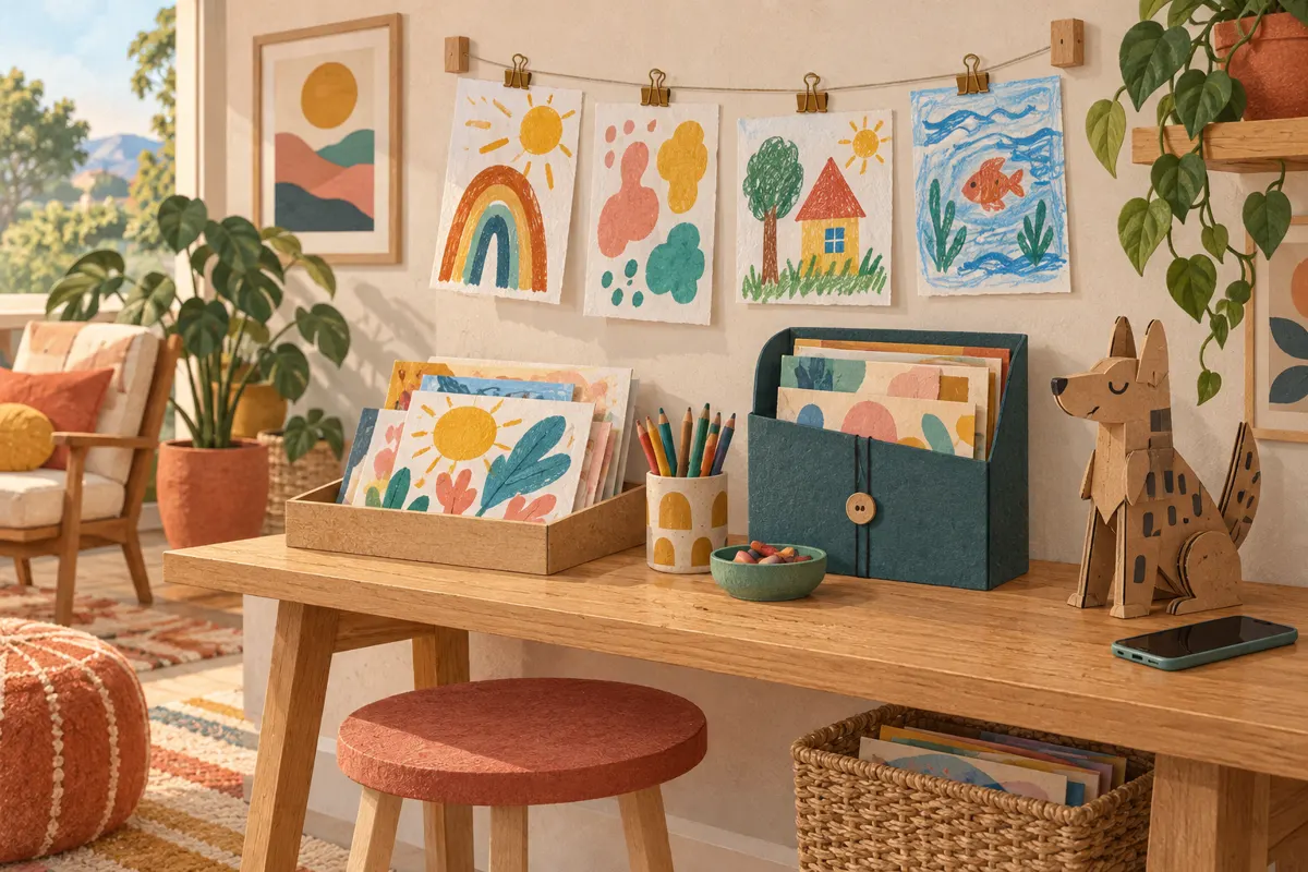 Illustration of children’s artwork organized in a rotating display, tray, and portfolio, with a phone beside a cardboard project.