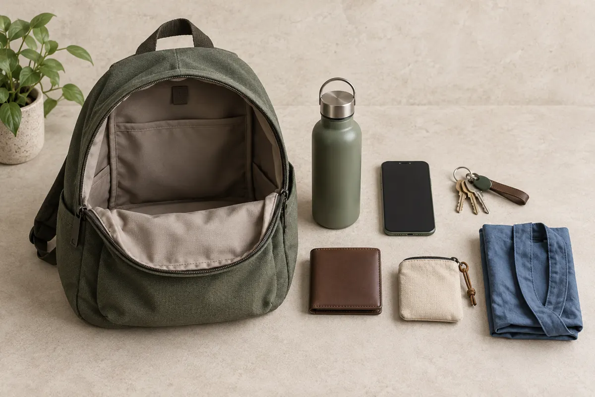 Illustration of a compact errands bag with everyday essentials and space for purchases.