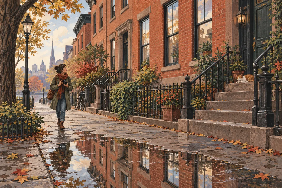 Illustrated neighborhood sidewalk showing textures, repeating shapes, and reflections as photo walk subjects.