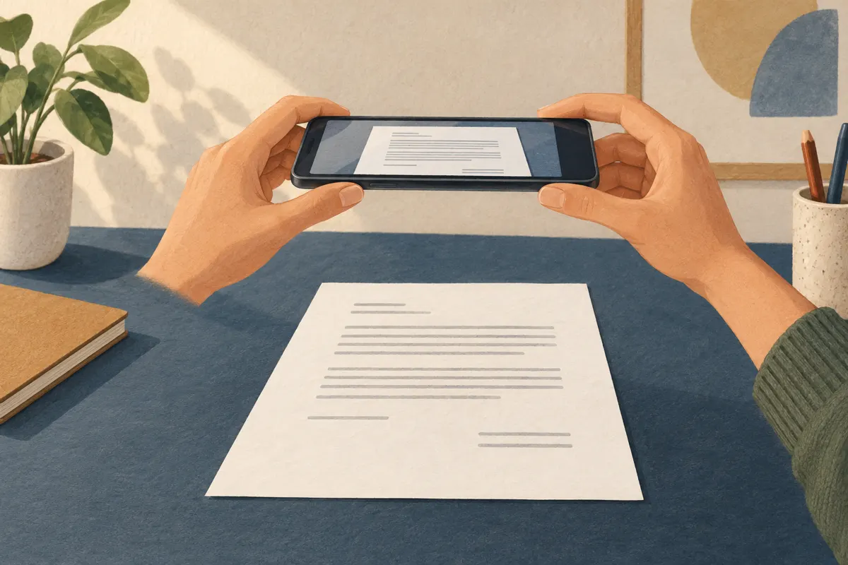 Illustration of a phone positioned above a flat document in even light.