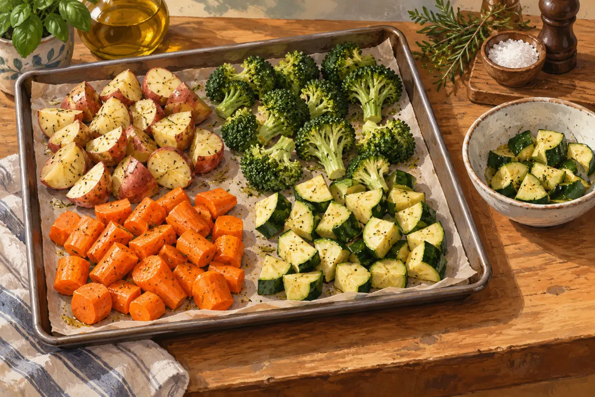 Illustration of vegetables grouped on a sheet pan with zucchini waiting to be added.