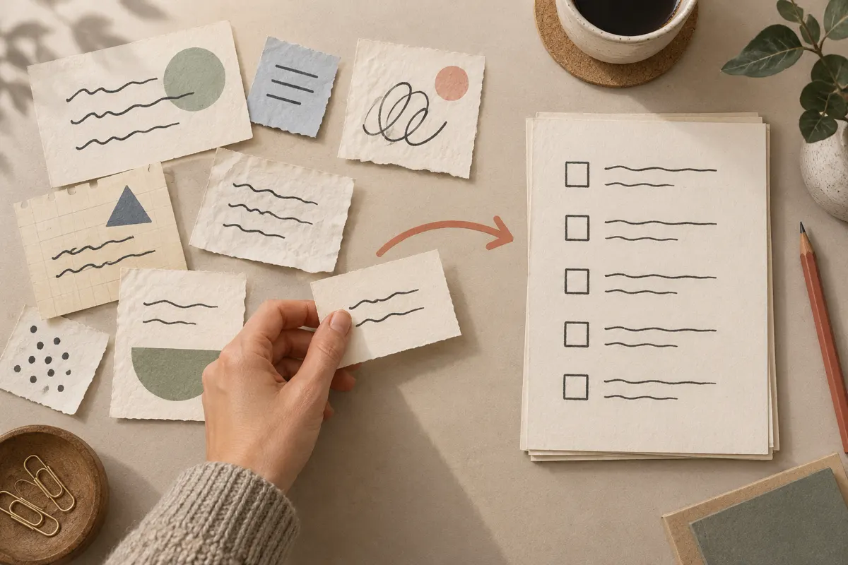 Illustration of scattered notes organized into a clear checklist.